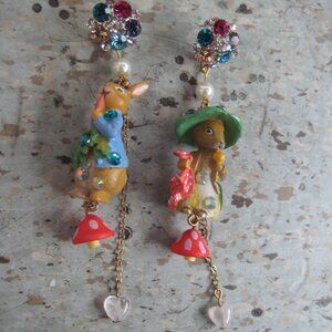 Les Nereides N2 Peter Rabbit Mushroom Heart Dangle Crystal Stud Earrings